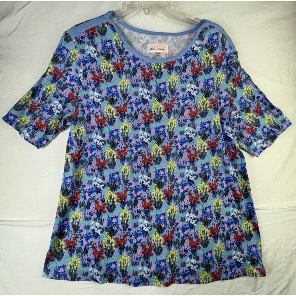 Stan Herman 100% Cotton Floral Meadow Tee‎ Shirt Large Blue Top Cute Boho Ditsy